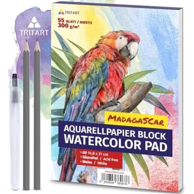 Afbeelding van Tritart A5 aquarelpapier 300g wit 55 vellen aquarelblok DIN incl. waterborstel en 2 potloden