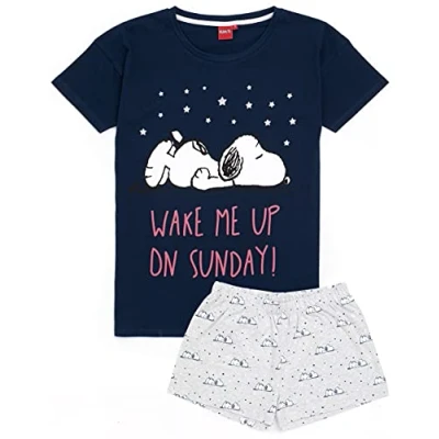 Afbeelding van Peanuts Dames Snoopy Pyjama Grijze lange of Korte pyjamabroek met Beagle Dog T Shirt Marineblauw Geanimeerd door Schulz Merchandising, pijpen