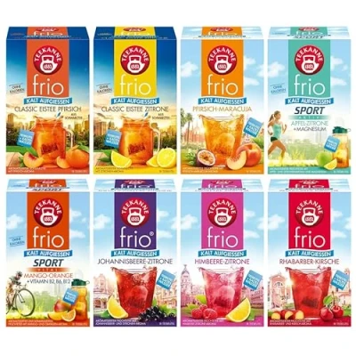 Afbeelding van Teekanne frio 8 delige mix x 45g vruchtenthee plus ijsthee Classic verfrissend fruitig genot zonder suiker caloriearm volle smaak alternatief voor suikerhoudende dranken