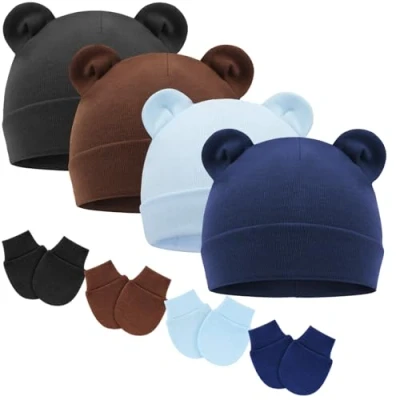 Afbeelding van DRESHOW Babymutsen en wanten, beschermende pasgeborenen, peuters, zacht, schattig, gebreid, muts, 0 6 maanden, één maat, 4 Sets: Bear Ears Hoeden &amp; Mittens Double Layer H12