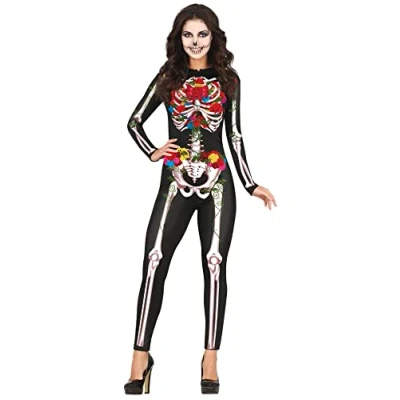 Afbeelding van Guirca Spaans &amp; Mexicaans Kostuum Kleurrijke Bloemen Skelet Vrouw Zwart, Multicolor Maat 38 40 Halloween Verkleedkleding