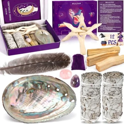 Afbeelding van MULEVIP witte salie om te verbranden, heilige paal, redden, kristalsteen, sjamanistische salie, zuivering, bevordert meditatie, elimineert negatieve energieën, smudge kit abalone shell
