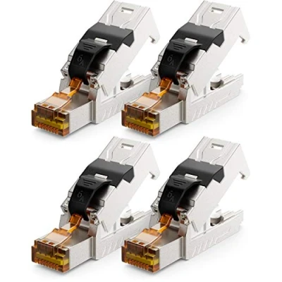 Afbeelding van deleyCON 4 x CAT 6a RJ45 netwerkstekker met LSA stekker zonder gereedschap voor stijve installatiekabels, LAN kabel, RJ45, CAT6a, CAT7, afgeschermd, metalen behuizing, 10 Gbit/s
