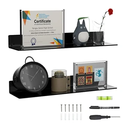 Afbeelding van Sezanrpt Set van 2 zwarte acryl wandplanken 60 cm Voor wanddecoratie, poppen, cosmetica, parfums, boeken, Funko Pop actiefiguren