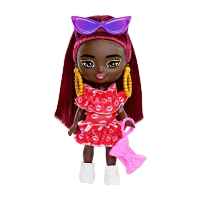 Image de Mattel Barbie Extra Mini Minis HLN47 Poupée articulée 8.5 cm avec robe à volant rouge