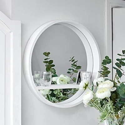 Afbeelding van HomeZone® Retro zwevende wandplank van wit hout met ronde spiegel patrijspoort Houten voor binnen woonkamer Groot frame Spiegelplanken badkamer, slaapkamer