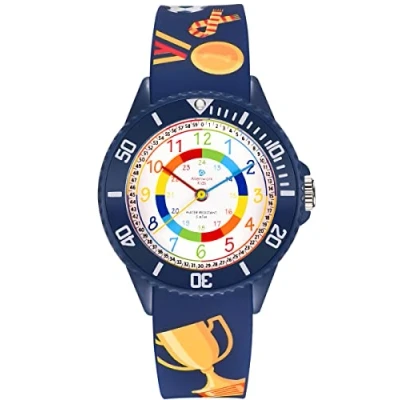 Afbeelding van Alienwork Kinderhorloge van leer, uurwerk voor jongens en meisjes om te leren klokkijken, waterdicht 5 ATM