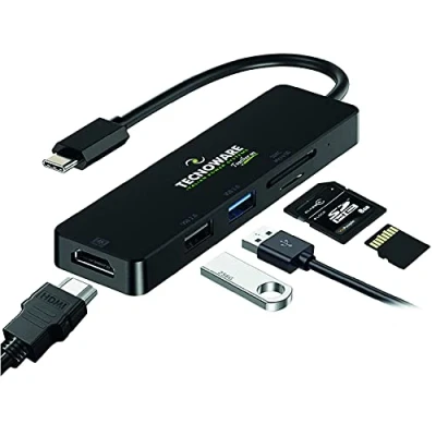 Afbeelding van Tecnoware USB Type C hub, 5 in 1 adapter, compatibel met notebook en de meeste tablets smartphones. Slank licht. poorten: 2.0 3.0, 4K HDMI, Card Slot SDXC, Micro SD
