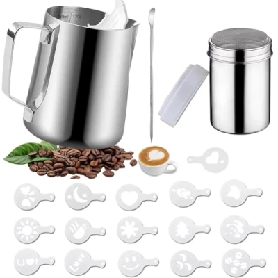 Afbeelding van Melkkan, roestvrij staal, 350 ml, melkkannetje, latte decoratie, kunstpen, melkkannetje met maat voor barista, espresso, art