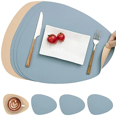 Afbeelding van Myir JUN placemat van leer en onderzetters, placemat, antislip, dubbelzijdig, wasbaar, onderzetter, kunststof (4 stuks, camelgeel/blauw)