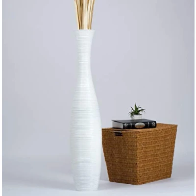 Afbeelding van Leewadee Grote vaas om op de grond neer te zetten voor decoratieve takken, mangohouten vaas, 110 cm, wit