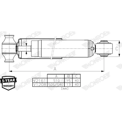 Afbeelding van MONROE V1208 schokdemper Gasdruk Dubbelpijp Telescoop Oog bovenaan, onderaan FORD: Transit Custom V362 Van