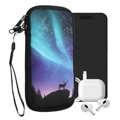 Afbeelding van kwmobile hoesje voor smartphones XL 6,7/6,8&quot; hoes van Neopreen Noorderlicht Hert design turquoise / blauw zwart binnenmaat 17,2 x 8,4 cm