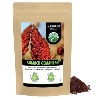 Afbeelding van Sumakpoeder (125 g), gemalen sumak, 100% natuurlijke azijnkruid, zacht gedehydrateerd en gemalen, natuurlijk zonder additieven, veganistisch