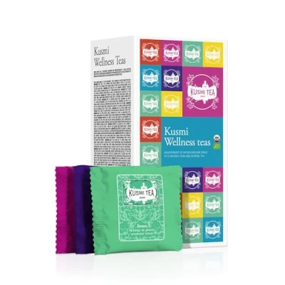 Afbeelding van Kusmi Tea biologische theeset in zak &quot;Wellnes&quot; assortiment gearomatiseerde thee en infusies detox thee, boost, Sweet Love Be Cool Infusions doos met 24 zakjes van mousseline