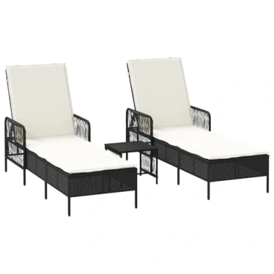 Afbeelding van vidaXL Zonnebank Set van 3 Zwart en crème wit PE rattan, metaal