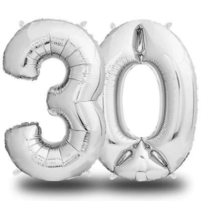 Afbeelding van envami® Opblaasbare cijferballon, zilverkleurig, 100 cm, reusachtige ballon, zweeft met helium, verjaardagsdecoratie (nummer 30)