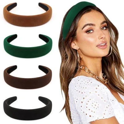 Image de DRESHOW 4 Pièces Bandeaux pour Femmes et Filles Velours Doux Bandeau Mode Boho Large Barrettes à Cheveux Non glissant Accessoires