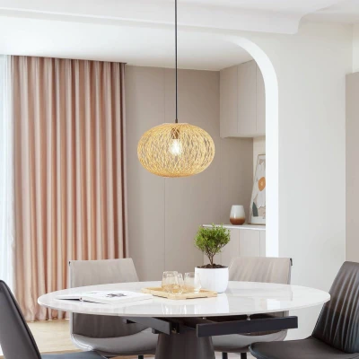 Afbeelding van Lindby hanglamp 1licht bamboe, ijzer, kunststof H: 25 cm E27 natuur zwart