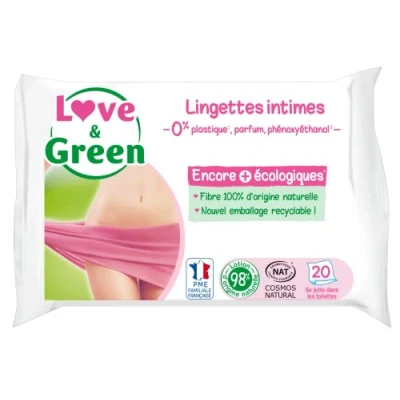 Image de Love &amp; Green Lingettes Intimes APAISANTES écologiques Paquet de 20 Certifiée Cosmo Natural par ECOCERT et FSC