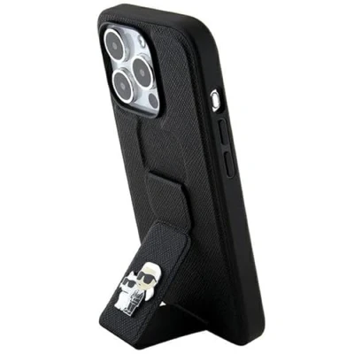 Afbeelding van Karl Lagerfeld Gripstand Saffiano Karl&amp;Choupette Pins hoesje voor iPhone 13 Pro Max zwart