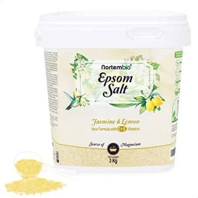 Afbeelding van Nortembio Epsomzout 3 kg. Badzout met jasmijn en citroensmaak. Magnesiumsulfaat gehydrateerd vitamine C E. spierontspanning, aromatherapie goede nachtrust. E book inbegrepen.