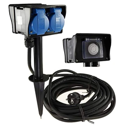 Afbeelding van Chilitec Tuinstopcontact, buitenstopcontact met timer, 10 m kabel, grondpen, IP44, 230 V, stroomverdeler goedgekeurd voor duurzaam gebruik buitenshuis