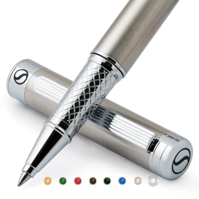 Afbeelding van Scriveiner Rollerpen van roestvrij staal, leuke luxe pen metaal met zilveren chromen afwerking, Schmidt inkt, beste geschenkdoos voor dames en heren