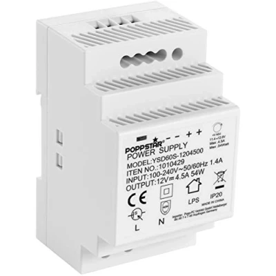 Afbeelding van Poppstar Adapter voor DIN Rail Output 12 V DC 4,5 A 54 W (Input 100 240 AC 50/60 Hz) Voeding/Trafo 52,5 x 90 58 mm, wit