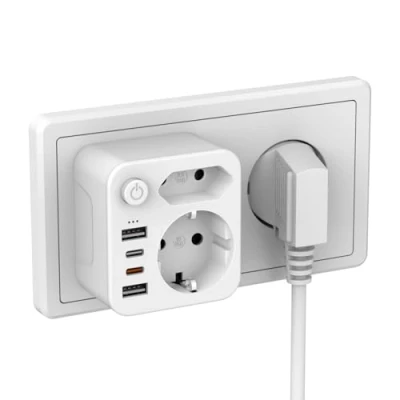 Afbeelding van Stekkerdoos met USB, dubbel stopcontact voor stopcontact, stekkeradapter 2 USB A en C (5 V/PD20 W), energiebesparende schakelaar om energie te besparen