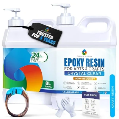 Afbeelding van Craft Resin Epoxyharsset, transparant, 8 liter, epoxyharsset en verharder voor kunstwerken, sieraden, siliconen vormen, tafelblad, levensmiddelen, hitte uv bestendig