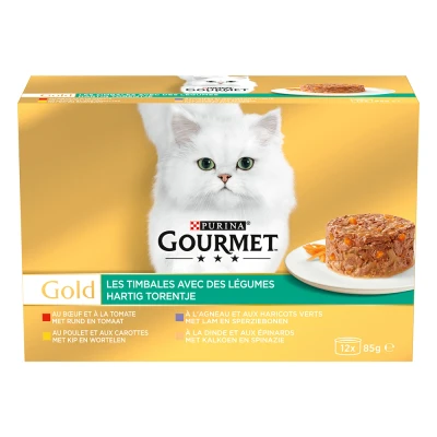 Afbeelding van 96x85g Rund/Kip/Lam/Kalkoen/Groenten Gourmet Gold Kattenvoer