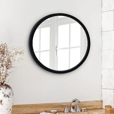 Afbeelding van Americanflat 51 cm ronde spiegel met frame, zwart, voor badkamer, slaapkamer, entree, woonkamer, grote wandspiegel wanddecoratie