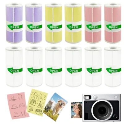 Afbeelding van 12 rollen thermisch papier, zelfklevend, 4 kleuren, voor kindercamera, 57 x 25 mm, papier kleine printers, camera&#039;s