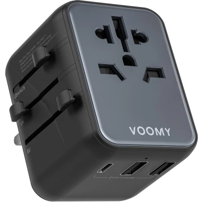 Afbeelding van Voomy Universele Wereldstekker 170+ landen 12W Snellader 2500W 1 USB C &amp; 2 A Poorten Reisstekker Wereld: Amerika (USA), Engeland (UK), Australië, Zuid Amerika, Afrika, Italië, Thailand Zwart