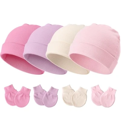 Afbeelding van DRESHOW Babymutsen en wanten, beschermende pasgeborenen, peuters, zacht, schattig, gebreid, muts, 0 6 maanden, één maat, 4 Sets: Beanie Hoeden &amp; Mittens 104 F05