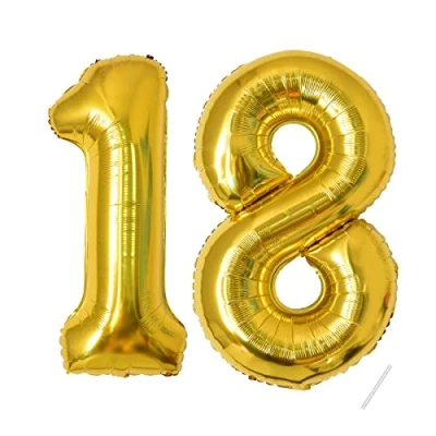 Afbeelding van Verjaardagsballonnen 18 goud 100 cm ballon cijfer 18, nummer Happy Birthday decoratie, ballonnen, verjaardagsfeest, jaren vliegen dankzij helium ballonnen