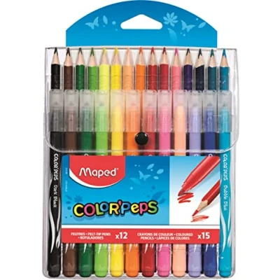 Afbeelding van Maped Jungle Color&#039;Peps kleurset 15 kleurpotloden + 12 wasbare en droogbestendige viltstiften medium geblokkeerde punt levendige kleuren hersluitbare plastic zak