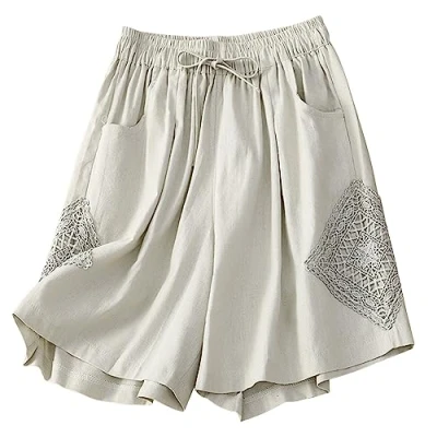 Afbeelding van Runstarshow Linnen bermuda voor dames, hoge taille, elastisch, knielang, met 3 zakken, losse pasvorm, Beige