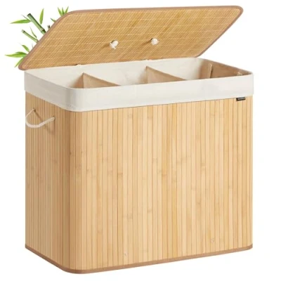 Afbeelding van SONGMICS wasmand met deksel, 3 vakken, 170 liter, van bamboe, opvouwbaar, afneembaar en machinewasbaar, waszak handgrepen, natuurlijke kleur LCB013Y01