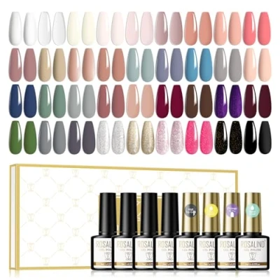 Afbeelding van ROSALIND Semi permanente nagellak, 36 kleuren + basislak toplaag mat en glanzend primer, uv /led gel, goud, grijs, glitter, nude, bruin, blauw, 8 ml, voor Franse manicure