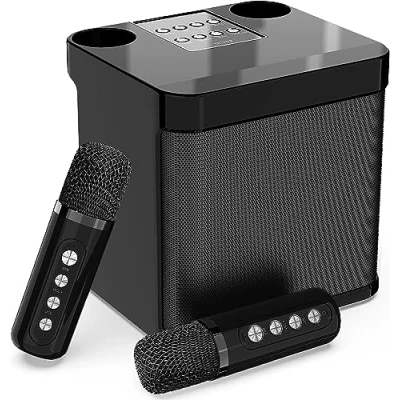 Afbeelding van draadloze karaoke microfoons, Bluetooth luidspreker met 2 microfoons voor zingen, draagbaar geluidssysteem feestjes, activiteiten, ondersteuning, AUX, USB/TF (wit)