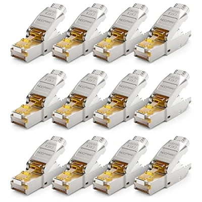 Afbeelding van deleyCON 12 x CAT 8 netwerkstekker RJ45 zonder gereedschap 40 Gbit/s afgeschermd voor stijve installatiekabels, ruwe kabel RJ45, Ethernet LAN DSL patchkabel