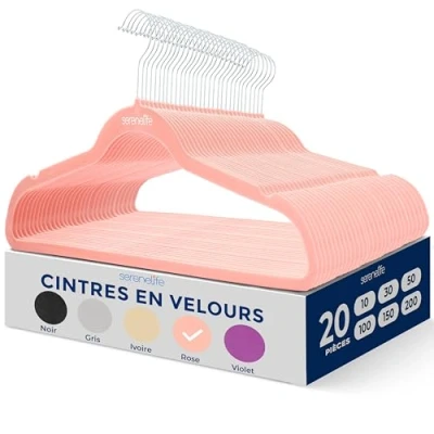 Image de SereneLife Cintres en Velours Antidérapants Porte Vêtement Fins et Robustes avec Crochet Métal Pivotant à 360 Supportant jusqu&#039;à 4,5 kg pour Vestes, Pantalons Robes Lot de 20