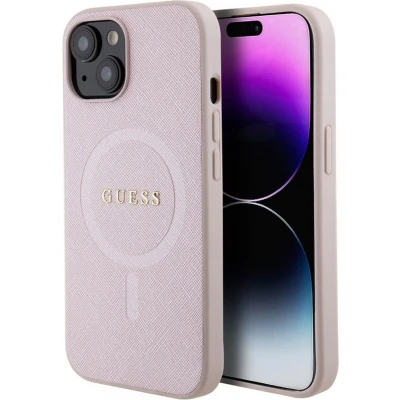 Afbeelding van Guess Saffiano Back Case (MagSafe Compatible) Geschikt voor Apple iPhone 15 (6.1&quot;) Roze