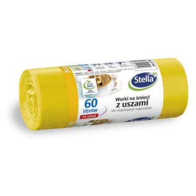 Afbeelding van Stella 035144 Vuilniszakken met handgrepen voor sortering van metaal, kunststof en kunststof, 60 l, 14 stuks, afvalzakken huishoudelijk afval kantoor, dikke LDPE korrelfolie, stuks