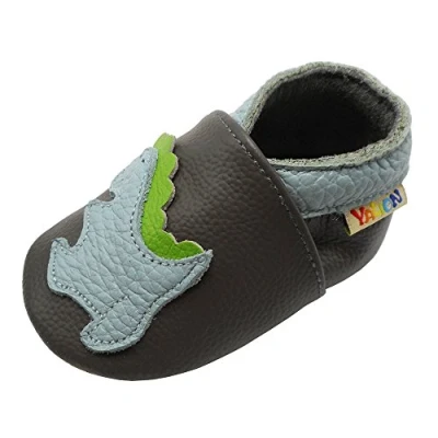 Afbeelding van YALION Pantoffels van zacht leer, voor baby&#039;s, meisjes en jongens, antislip, eerste stapjes kinderen, Donkergrijze dinosaurus