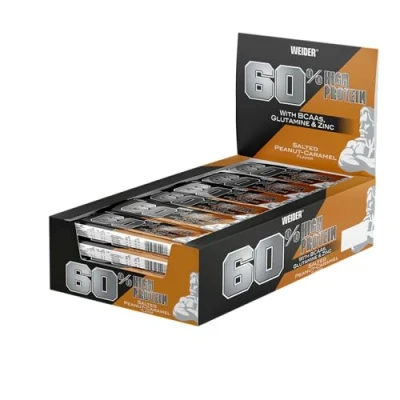 Afbeelding van WEIDER Salted Peanut Caramel 60% proteïnerepen met glutamine en BCAA voor spieropbouw fitness, 24 stuks