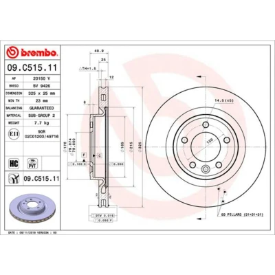 Afbeelding van BREMBO 09.C515.11 Remschijf 325 25 5 interne ventilatie Gecoat High carbon LAND ROVER: Discovery 5, Range Rover Sport, 4