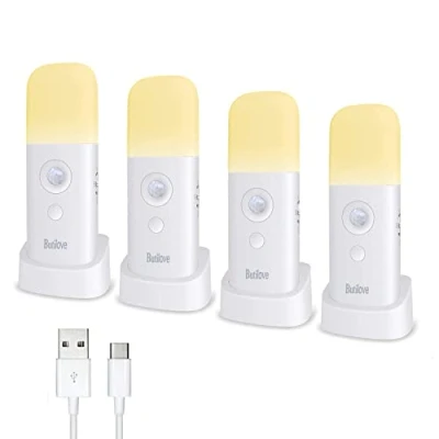 Afbeelding van Butilove Set van 4 nachtlampjes met bewegingsmelder, oplaadbaar, draagbaar, USB kabel, draadloze wandlamp automatische aan/uit voor kast, keuken, trap, slaapkamer